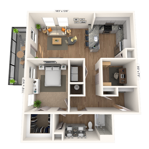 Floor plan for 1 bed, 1 bath, 1046 sqft